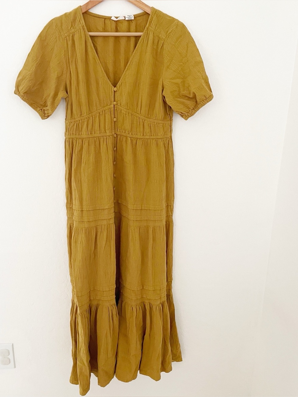 Lucky brand tiered mustard maxi dress button front size small